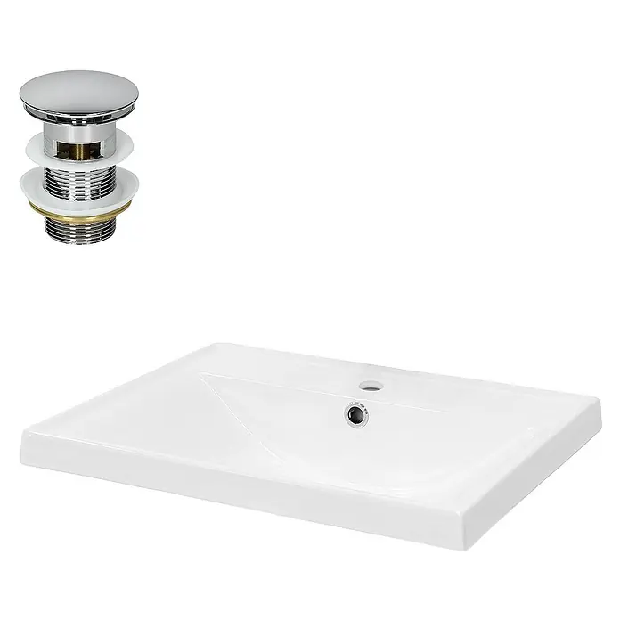 LuxeBath Einbauwaschbecken Eckig 51x41,5x15,5 cm Weiß Ablaufgarnitur Weiß - Mit Überlauf, Weiß - Aufsicht auf ein modernes, weißes Waschbecken mit Überlaufgarnitur. Ideal für jedes Badezimmer.