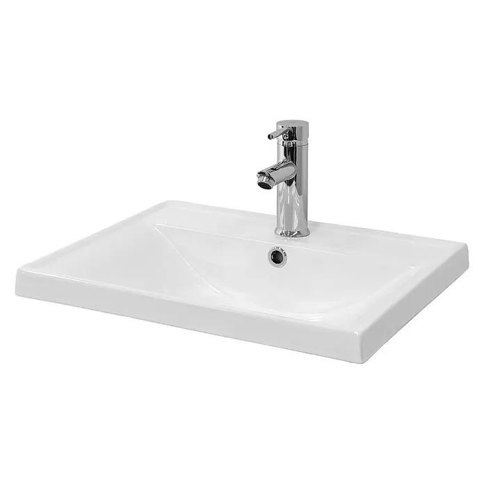 LuxeBath Einbauwaschbecken Eckig 51x41,5x15,5 cm Weiß Ablaufgarnitur Weiß - Mit Überlauf, Weiß - Ein Waschbecken mit einer glänzenden Oberfläche und einem modernen, verchromten Wasserhahn in der Mitte.