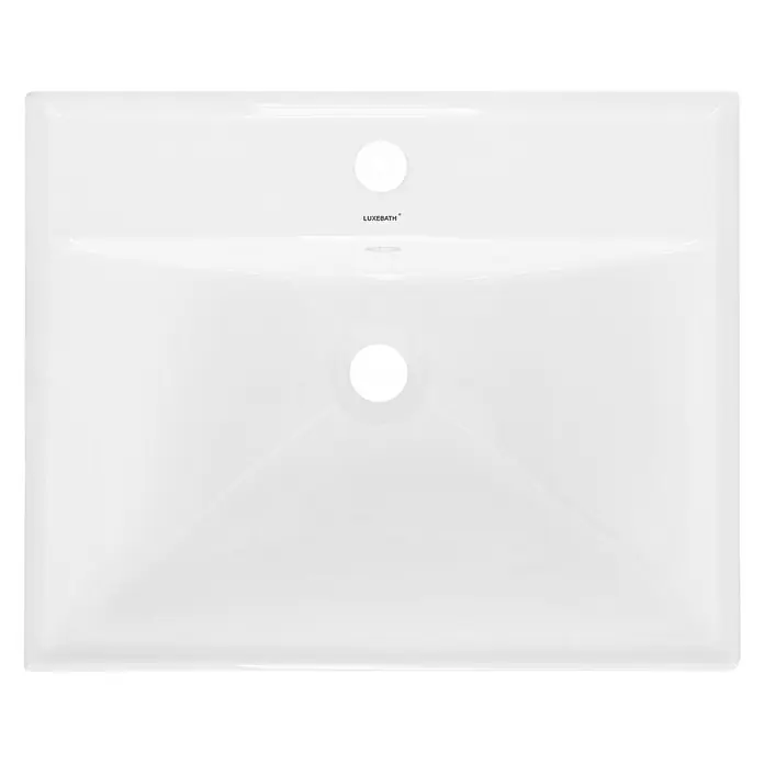 LuxeBath Einbauwaschbecken Eckig 51x41,5x15,5 cm Weiß Ablaufgarnitur Weiß - Mit Überlauf, Weiß - Bild einer weißen LuxeBath Waschbeckenplatte mit zwei Löchern. Das Becken ist rechteckig und hat ein modernes Design.