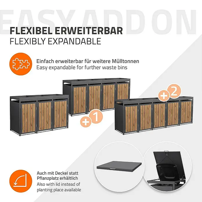 ML-Design Mülltonnenbox Mülltonnencontainer mit Pflanzdach für 3 Tonnen 120 oder 240 Liter - 80 x 80 cm, Stahl, Eiche hell, Geeignet für Anzahl Mülltonnen: 3 Stk. - Abbildung eines flexibel erweiterbaren Mülltonnenbox-Systems mit Holzverkleidung, erweiterbar um zusätzliche Module.