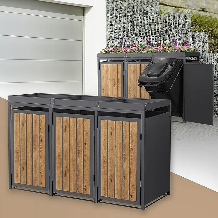 ML-Design Mülltonnenbox Mülltonnencontainer mit Pflanzdach für 3 Tonnen 120 oder 240 Liter - 80 x 80 cm, Stahl, Eiche hell, Geeignet für Anzahl Mülltonnen: 3 Stk. - Mülltonnenboxen aus Metall und Holz mit Pflanzkasten für stilvolle Mülltonnenverkleidung im Außenbereich.