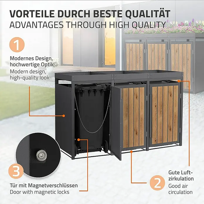 ML-Design Mülltonnenbox Mülltonnencontainer mit Pflanzdach für 3 Tonnen 120 oder 240 Liter - 80 x 80 cm, Stahl, Eiche hell, Geeignet für Anzahl Mülltonnen: 3 Stk. - Produktbild eines modernen Mülltonnenbox-Systems mit Magnetverschlüssen und guter Luftzirkulation für den Außenbereich.