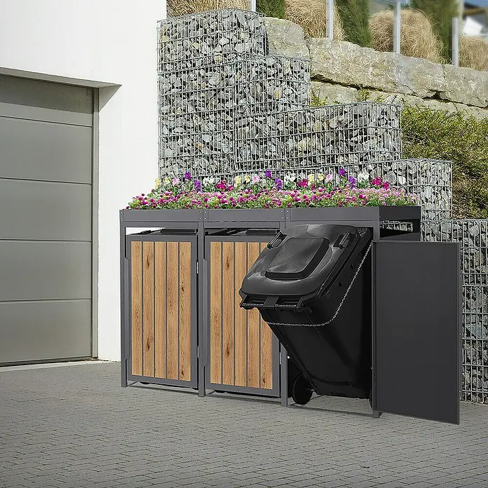 ML-Design Mülltonnenbox Mülltonnencontainer mit Pflanzdach für 3 Tonnen 120 oder 240 Liter - 80 x 80 cm, Stahl, Eiche hell, Geeignet für Anzahl Mülltonnen: 3 Stk. - Abfalltonnenbox mit Bepflanzung. Diese schicke Tonnenbox ist ideal für die stilvolle Aufbewahrung von Mülltonnen im Außenbereich.