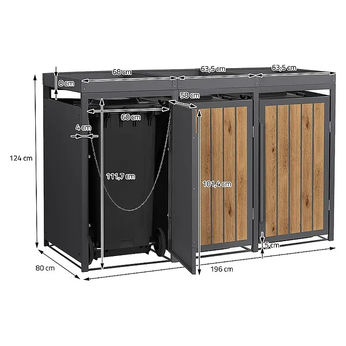 ML-Design Mülltonnenbox Mülltonnencontainer mit Pflanzdach für 3 Tonnen 120 oder 240 Liter - 80 x 80 cm, Stahl, Eiche hell, Geeignet für Anzahl Mülltonnen: 3 Stk. - Mülltonnenbox für drei Mülltonnen mit Maßen und Details für den Außenbereich.