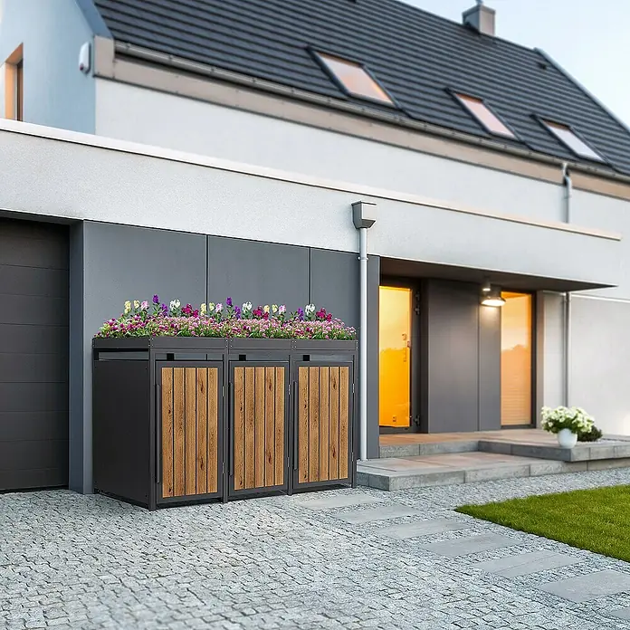 ML-Design Mülltonnenbox Mülltonnencontainer mit Pflanzdach für 3 Tonnen 120 oder 240 Liter - 80 x 80 cm, Stahl, Eiche hell, Geeignet für Anzahl Mülltonnen: 3 Stk. - Mülltonnenbox mit Bepflanzung auf der Oberseite und Holzimitat-Türen. Ideal zur stilvollen Aufbewahrung von Mülltonnen im Freien.