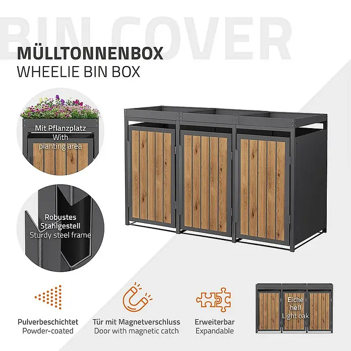 ML-Design Mülltonnenbox Mülltonnencontainer mit Pflanzdach für 3 Tonnen 120 oder 240 Liter - 80 x 80 cm, Stahl, Eiche hell, Geeignet für Anzahl Mülltonnen: 3 Stk. - Das Bild zeigt eine Mülltonnenbox mit Pflanzplatz, robustem Stahlgestell, Magnetverschluss und Pulverbeschichtung.