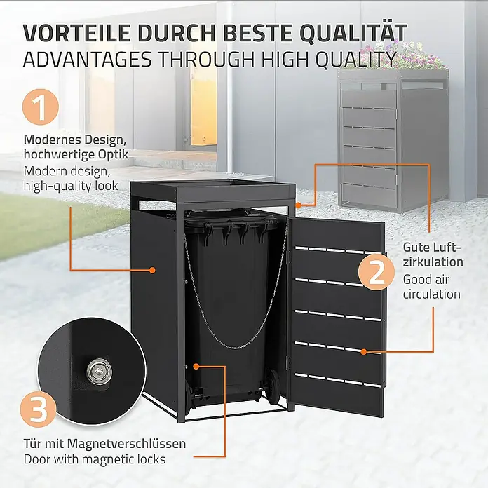ML-Design Mülltonnenbox 1er 240L mit Pflanzdach und Magnetverschluss 68x80x124 cm Anthrazit - Stahl, Anthrazit, Geeignet für Anzahl Mülltonnen: 1 Stk. - Bild eines Mülltonnenbox-Systems mit den Vorteilen hervorgehoben.