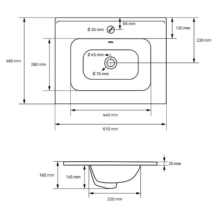 LuxeBath Einbauwaschbecken 61x46x16,5 cm Weiß Ablaufgarnitur Weiß - Mit Überlauf, Weiß - Technische Zeichnung eines Waschbeckens mit allen Maßen und Durchmesserangaben zur Installation.
