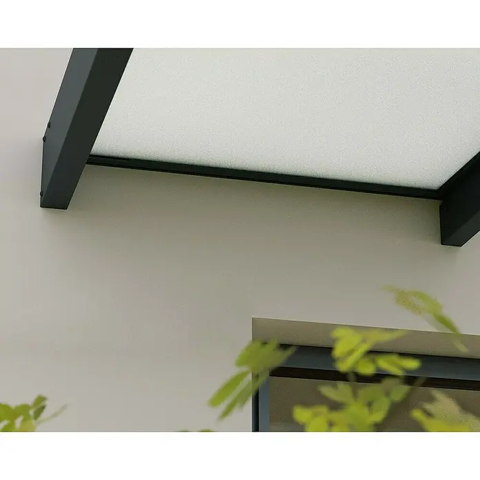 Palram – Canopia Pultvordach Sophia XL - 379 x 140 x 17 cm, Anthrazitgrau, Farbe Dach: Opal - Detailansicht einer modernen Terrassenüberdachung mit stilvollem Design und hochwertigen Materialien für den Außenbereich.