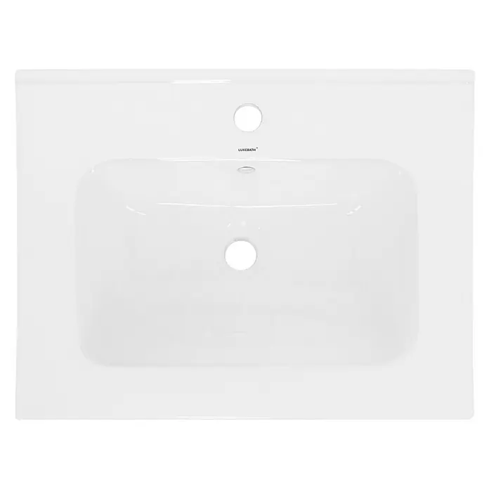 LuxeBath Einbauwaschbecken 61x46x16,5 cm Weiß Ablaufgarnitur Weiß - Mit Überlauf, Weiß - Blick von oben auf ein Waschbecken aus Keramik mit Hahnloch und Überlauf, ideal für jedes Badezimmer.