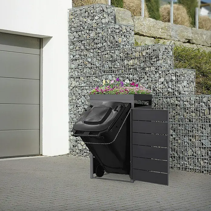 ML-Design Mülltonnenbox 1er 240L mit Pflanzdach und Magnetverschluss 68x80x124 cm Anthrazit - Stahl, Anthrazit, Geeignet für Anzahl Mülltonnen: 1 Stk. - Mülltonnenbox mit Bepflanzung auf dem Dach. Die Tür ist geöffnet und eine schwarze Mülltonne ist im Inneren zu sehen.