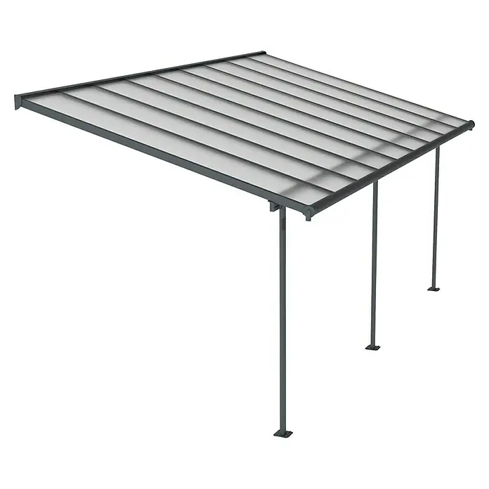 Palram – Canopia Terrassenüberdachung Sierra - B x T: 555 x 299 cm, Anthrazitgrau, Polycarbonat, Klar - Die Abbildung zeigt eine moderne Terrassenüberdachung mit grauen Rahmen und durchsichtigen Paneelen. Die Überdachung bietet Schutz und ein stilvolles Design.
