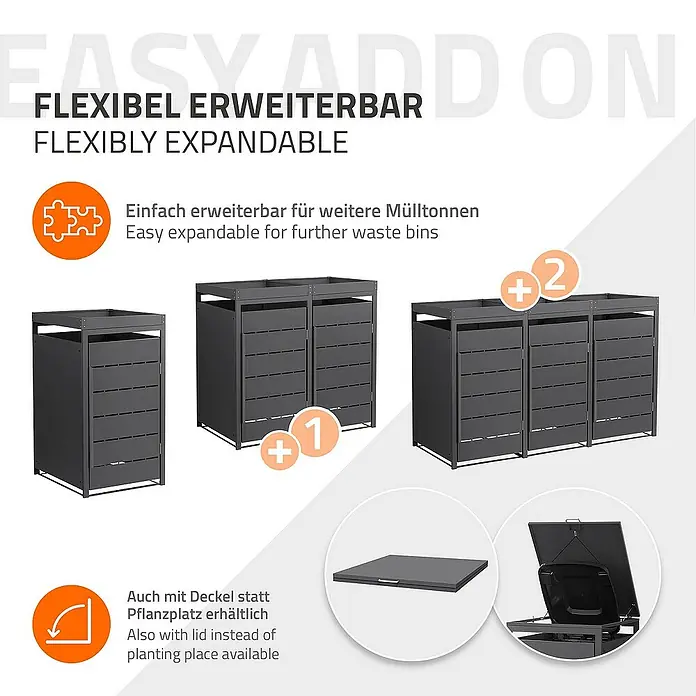ML-Design Mülltonnenbox 1er 240L mit Pflanzdach und Magnetverschluss 68x80x124 cm Anthrazit - Stahl, Anthrazit, Geeignet für Anzahl Mülltonnen: 1 Stk. - Das Bild zeigt eine flexibel erweiterbare Mülltonnenbox, die sich leicht für weitere Tonnen erweitern lässt, optional mit Deckel.