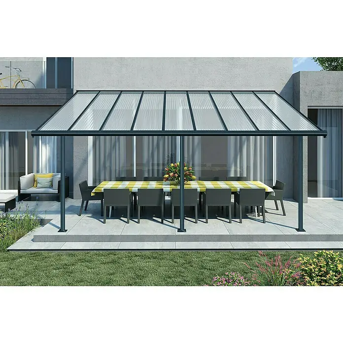 Palram – Canopia Terrassenüberdachung Sierra - B x T: 555 x 299 cm, Anthrazitgrau, Polycarbonat, Klar - Ein stilvoller Terrassenüberdachung mit Polycarbonatplatten bietet Schutz und erhellt den Außenbereich. Ideal für Mahlzeiten im Freien und Entspannung.
