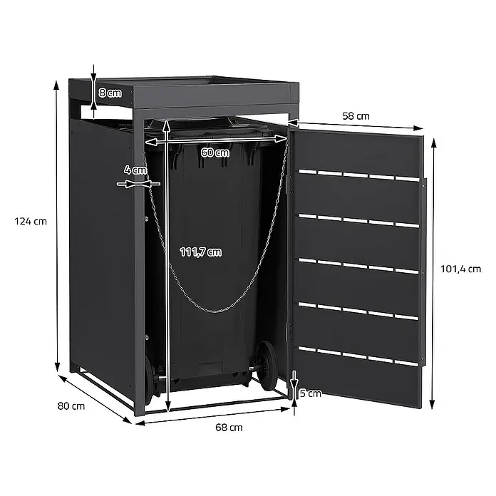 ML-Design Mülltonnenbox 1er 240L mit Pflanzdach und Magnetverschluss 68x80x124 cm Anthrazit - Stahl, Anthrazit, Geeignet für Anzahl Mülltonnen: 1 Stk. - Ansicht eines Mülltonnenbox mit Abmessungen zur Produktinformation.