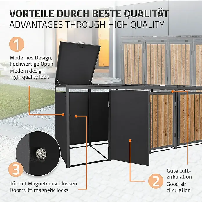 ML-Design Mülltonnenbox Mülltonnencontainer mit Klappdeckel/Tür für 4 Tonne 120 oder 240 Liter - 80 x 80 cm, Stahl, Eiche hell, Geeignet für Anzahl Mülltonnen: 4 Stk. - Produktbild eines Mülltonnenbox-Systems mit den Vorteilen hervorgehoben: Design, Belüftung und Magnetschlösser.