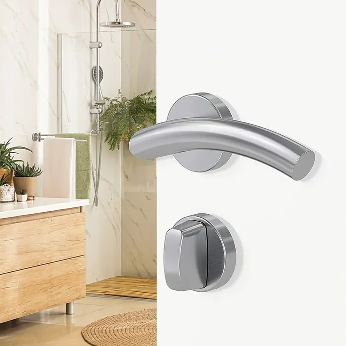 Diamond Doors Creative Drückergarnitur WC New Jersey - Stärke Tür: 40 mm - 45 mm, Edelstahl, L-Form, Schlitzkopf/Olive - Eine moderne Türgarnitur aus gebürstetem Edelstahl mit einem runden Griff und einem Drehknopf für das Badezimmer.