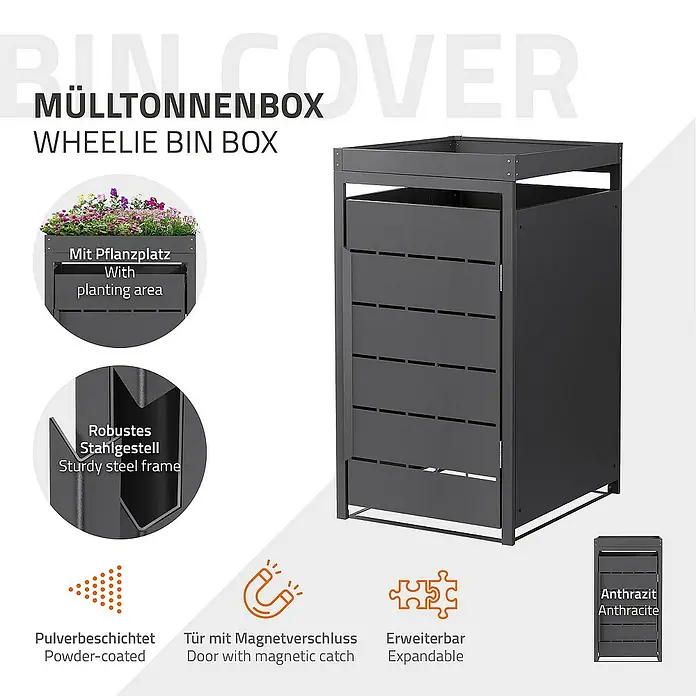 ML-Design Mülltonnenbox 1er 240L mit Pflanzdach und Magnetverschluss 68x80x124 cm Anthrazit - Stahl, Anthrazit, Geeignet für Anzahl Mülltonnen: 1 Stk. - Bild einer Mülltonnenbox mit Pflanzfläche, pulverbeschichtetem Stahlgestell, Magnetverschluss und Erweiterungsfunktion in Anthrazit.