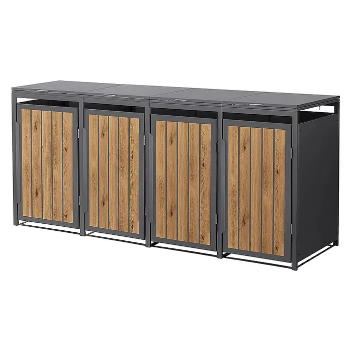 ML-Design Mülltonnenbox Mülltonnencontainer mit Klappdeckel/Tür für 4 Tonne 120 oder 240 Liter - 80 x 80 cm, Stahl, Eiche hell, Geeignet für Anzahl Mülltonnen: 4 Stk. - Mülltonnenbox für vier Tonnen mit Holzverkleidung und grauen Metallrahmen. Praktische Lösung zur Mülltonnenaufbewahrung im Außenbereich.