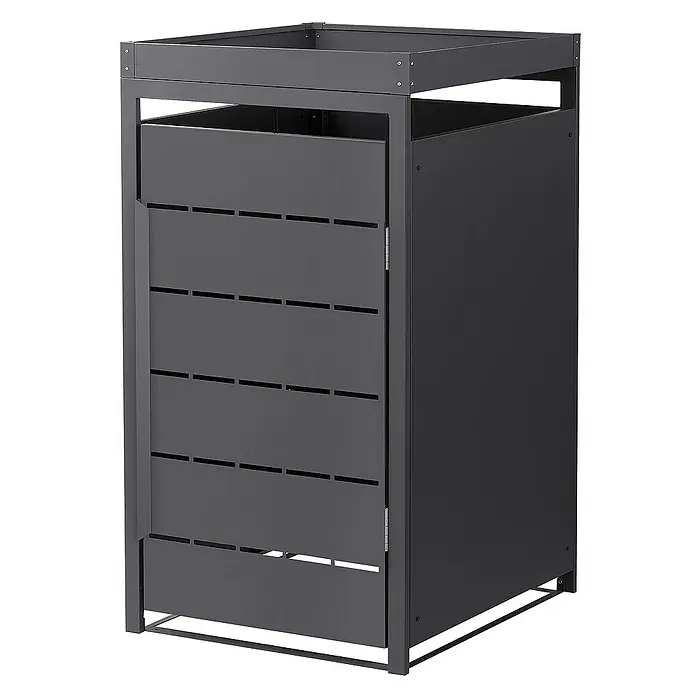 ML-Design Mülltonnenbox 1er 240L mit Pflanzdach und Magnetverschluss 68x80x124 cm Anthrazit - Stahl, Anthrazit, Geeignet für Anzahl Mülltonnen: 1 Stk. - Das Bild zeigt einen grauen Mülltonnenbox mit einer Tür mit horizontalen Schlitzen und einem Rahmen an der Oberseite.