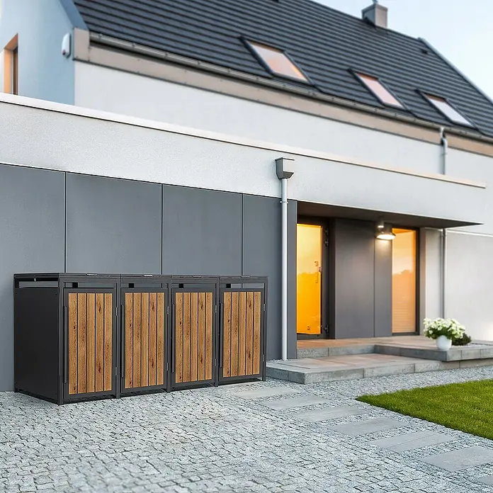 ML-Design Mülltonnenbox Mülltonnencontainer mit Klappdeckel/Tür für 4 Tonne 120 oder 240 Liter - 80 x 80 cm, Stahl, Eiche hell, Geeignet für Anzahl Mülltonnen: 4 Stk. - Die stilvolle Mülltonnenbox für drei Tonnen mit Holzfront bietet eine ästhetische Lösung zur Aufbewahrung und passt perfekt zum Hausdesign.