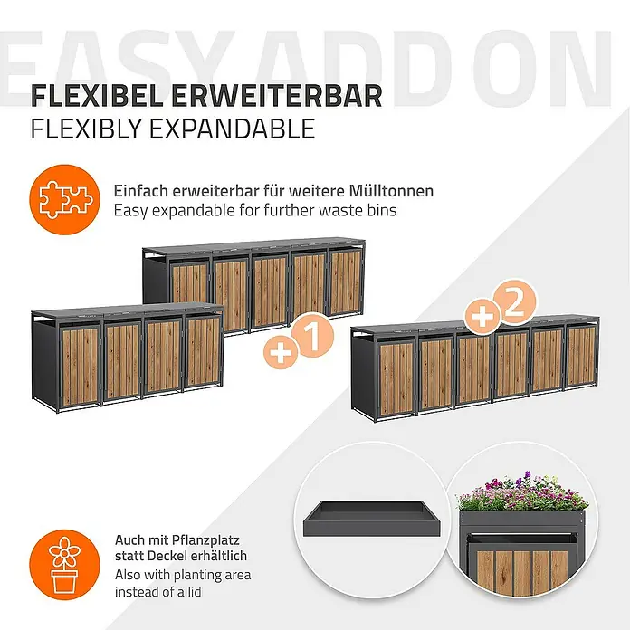 ML-Design Mülltonnenbox Mülltonnencontainer mit Klappdeckel/Tür für 4 Tonne 120 oder 240 Liter - 80 x 80 cm, Stahl, Eiche hell, Geeignet für Anzahl Mülltonnen: 4 Stk. - Mülltonnenbox mit Erweiterungsoptionen und Pflanzplatz statt Deckel für eine flexible und anpassbare Abfallentsorgungslösung.