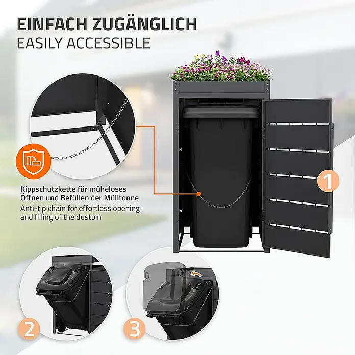 ML-Design Mülltonnenbox 1er 240L mit Pflanzdach und Magnetverschluss 68x80x124 cm Anthrazit - Stahl, Anthrazit, Geeignet für Anzahl Mülltonnen: 1 Stk. - Mülltonnenbox mit Anti-Kipp-Kette für müheloses Öffnen und Befüllen, inklusive Bepflanzungsmöglichkeit auf dem Deckel.