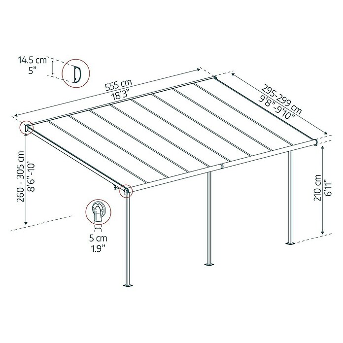Palram – Canopia Terrassenüberdachung Sierra (B x T: 555 x 299 cm, Anthrazitgrau, Polycarbonat, Klar) | BAUHAUS