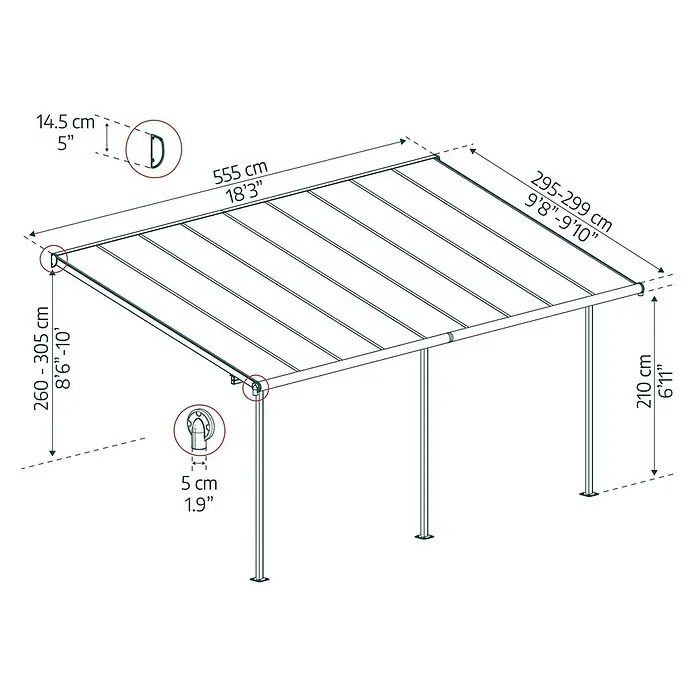 Palram – Canopia Terrassenüberdachung Sierra - B x T: 555 x 299 cm, Anthrazitgrau, Polycarbonat, Klar - Technische Zeichnung einer Terrassenüberdachung mit Maßangaben zu Höhe, Breite und Tiefe in Zentimetern und Zoll.