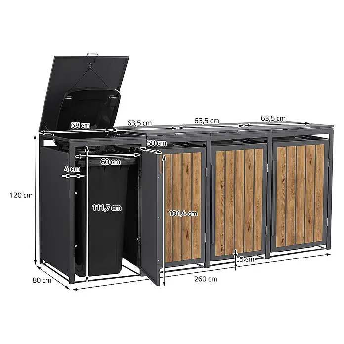ML-Design Mülltonnenbox Mülltonnencontainer mit Klappdeckel/Tür für 4 Tonne 120 oder 240 Liter - 80 x 80 cm, Stahl, Eiche hell, Geeignet für Anzahl Mülltonnen: 4 Stk. - Mülltonnenbox für drei Mülltonnen, gefertigt aus Metall und Holz, mit Größenangaben zur einfachen Montage.