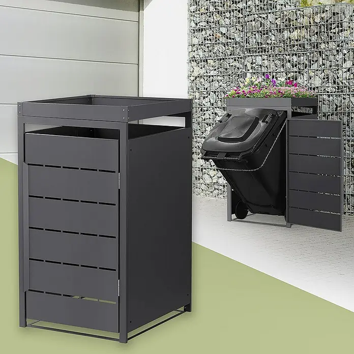 ML-Design Mülltonnenbox 1er 240L mit Pflanzdach und Magnetverschluss 68x80x124 cm Anthrazit - Stahl, Anthrazit, Geeignet für Anzahl Mülltonnen: 1 Stk. - Mülltonnenboxen: Eine stilvolle Lösung zur Aufbewahrung von Mülltonnen im Freien, die Ästhetik und Funktionalität vereint.\n