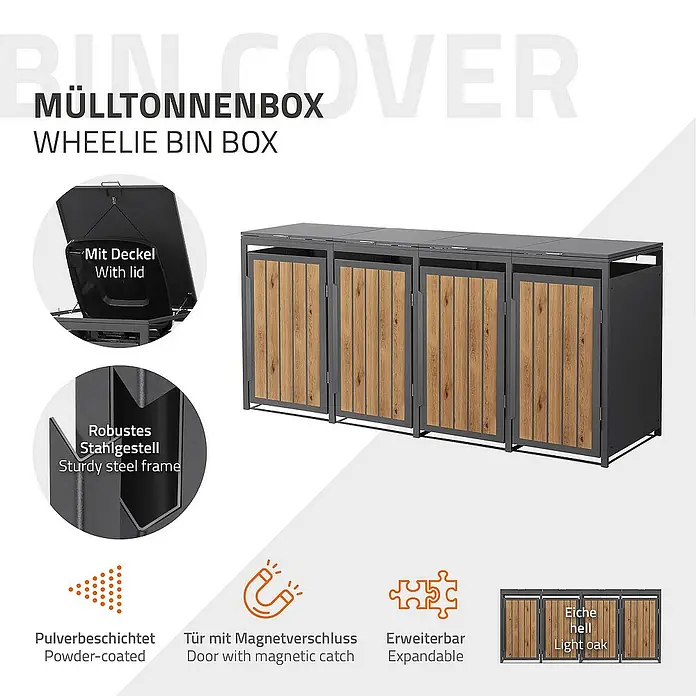 ML-Design Mülltonnenbox Mülltonnencontainer mit Klappdeckel/Tür für 4 Tonne 120 oder 240 Liter - 80 x 80 cm, Stahl, Eiche hell, Geeignet für Anzahl Mülltonnen: 4 Stk. - Bild einer Mülltonnenbox mit robustem Stahlgestell, magnetischem Türverschluss und Pulverbeschichtung in heller Eichenoptik.