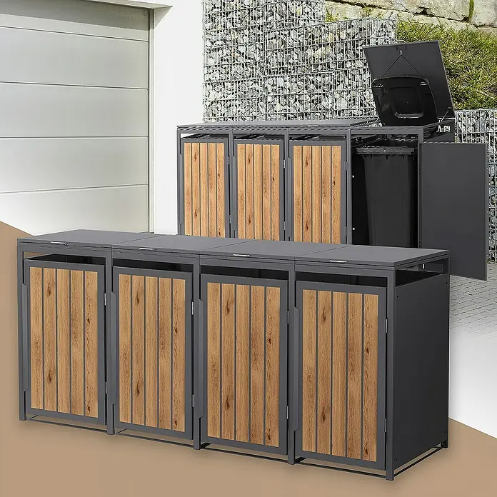 ML-Design Mülltonnenbox Mülltonnencontainer mit Klappdeckel/Tür für 4 Tonne 120 oder 240 Liter - 80 x 80 cm, Stahl, Eiche hell, Geeignet für Anzahl Mülltonnen: 4 Stk. - Mülltonnenboxen aus grauem Metall mit Holzverkleidung und Mülltonnen zur diskreten Aufbewahrung von Abfalltonnen im Außenbereich.