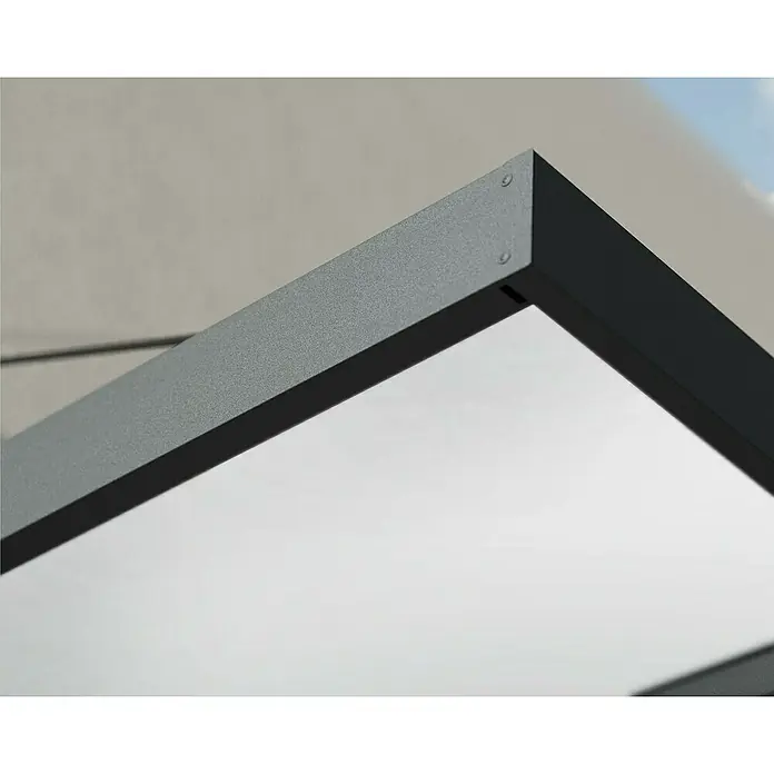 Palram – Canopia Pultvordach Sophia XL - 660 x 140 x 17 cm, Anthrazitgrau, Farbe Dach: Opal - Detailaufnahme eines modernen, grauen Metallrahmens, der ein Fenster oder eine ähnliche Öffnung umgibt. Klare Linien und moderne Ästhetik.