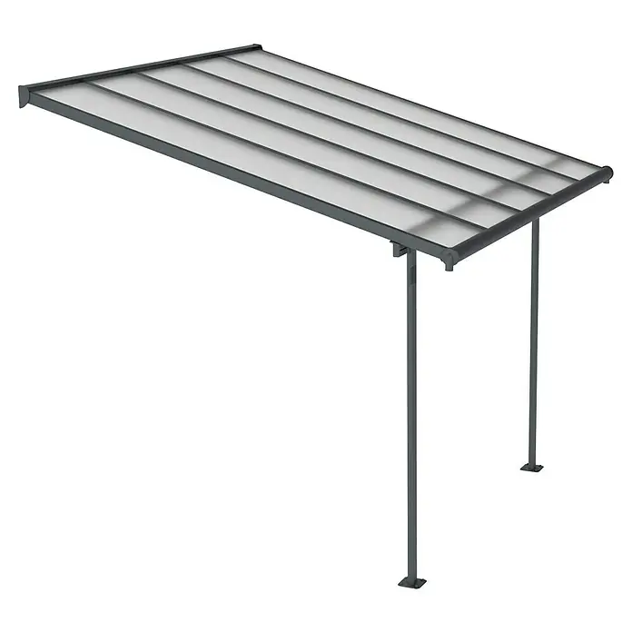 Palram – Canopia Terrassenüberdachung Sierra - B x T: 314 x 299 cm, Anthrazitgrau, Polycarbonat, Klar - Abbildung eines modernen Carports mit grauem Rahmen und lichtdurchlässigem Dach. Schützt Fahrzeuge zuverlässig vor Witterungseinflüssen.