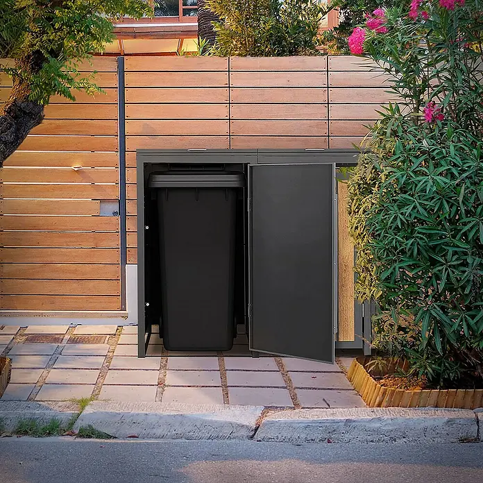 ML-Design Mülltonnenbox Mülltonnencontainer mit Klappdeckel/Tür für 4 Tonne 120 oder 240 Liter - 80 x 80 cm, Stahl, Eiche hell, Geeignet für Anzahl Mülltonnen: 4 Stk. - Eine Mülltonnenbox aus Metall mit einer geöffneten Tür, die eine schwarze Mülltonne zeigt.