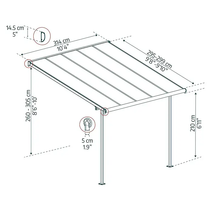 Palram – Canopia Terrassenüberdachung Capri - B x T: 314 x 299 cm, Anthrazitgrau, Polycarbonat, Grau - Eine schematische Darstellung einer Terrassenüberdachung mit Maßangaben zu Länge, Höhe und Details.
