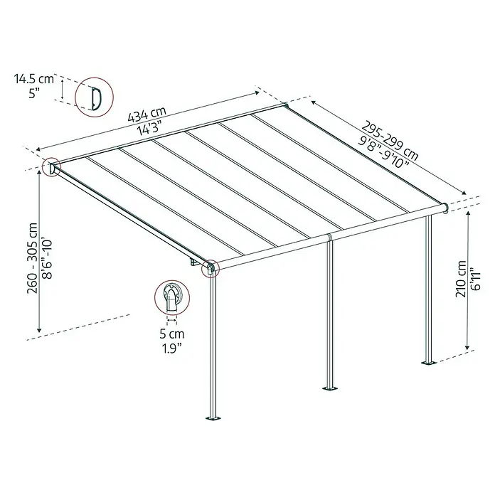 Palram – Canopia Terrassenüberdachung Sierra - B x T: 434 x 299 cm, Anthrazitgrau, Polycarbonat, Klar - Abbildung eines Pavillons mit Maßangaben zu Höhe, Breite und Tiefe in Zentimetern und Zoll für eine detaillierte Produktansicht.