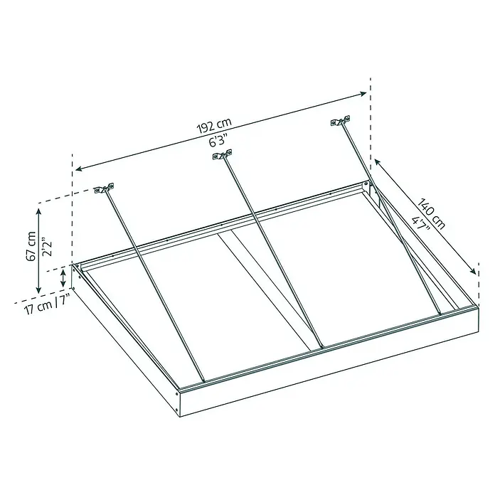 Palram – Canopia Pultvordach Sophia XL - 192 x 140 x 17 cm, Anthrazitgrau, Farbe Dach: Opal - Produktbild eines Bettgestells mit den Maßen 192 cm Länge, 140 cm Breite und 17 cm Höhe, mit Gasdruckfedern zur Anhebung des Lattenrosts.