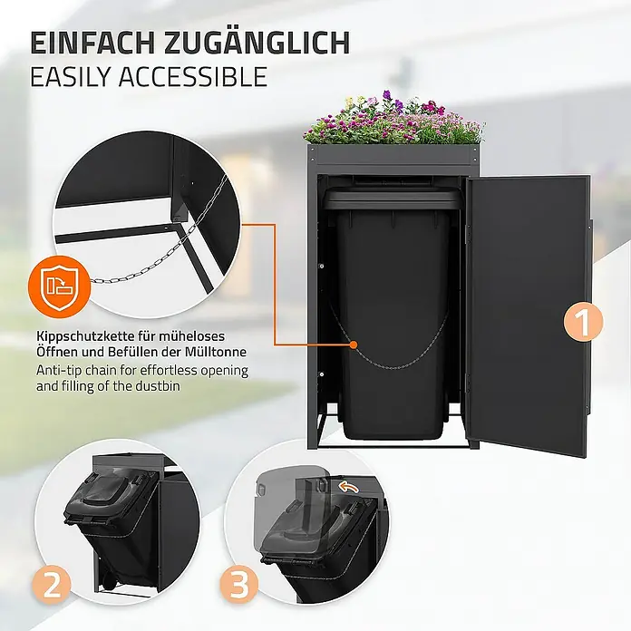 ML-Design Mülltonnenbox Mülltonnencontainer mit Pflanzdach für 1 Tonne 120 oder 240 Liter - Stahl, Eiche hell, Geeignet für Anzahl Mülltonnen: 1 Stk. - Das Bild zeigt eine graue Mülltonnenbox mit Pflanzkasten, die leicht zugänglich ist. Eine Kippschutzkette erleichtert das Öffnen und Befüllen.