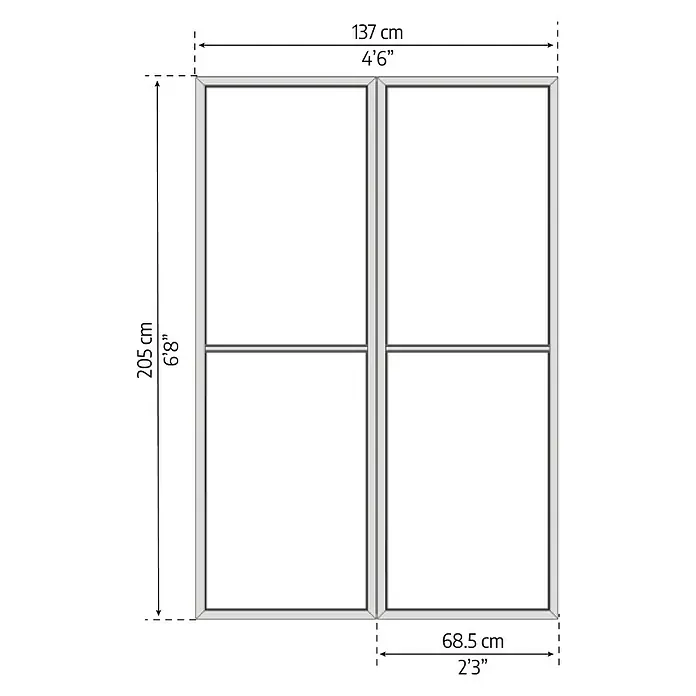 Palram – Canopia Insektenschutztür San Remo - B x H: 1,37 x 2,05 m, Anthrazitgrau - Abbildung eines 2-teiligen Fensters mit Abmessungen in Zentimetern und Fuß, ideal für Bauprojekte.