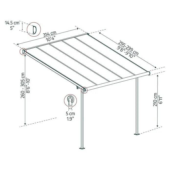 Palram – Canopia Terrassenüberdachung Sierra - B x T: 314 x 299 cm, Anthrazitgrau, Polycarbonat, Klar - Abmessungen des Pavillons mit detaillierten Maßangaben in Zentimetern und Zoll für Höhe, Breite und Tiefe.