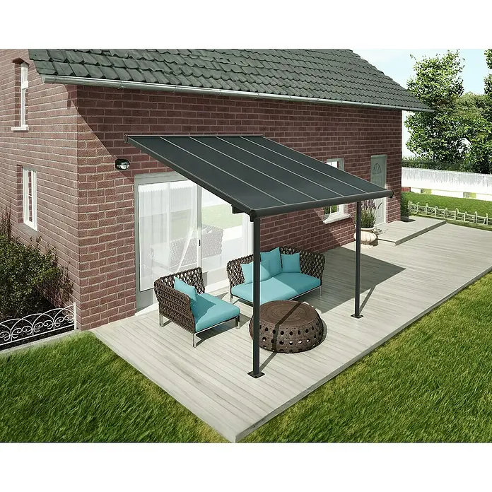 Palram – Canopia Terrassenüberdachung Capri - B x T: 314 x 299 cm, Anthrazit, Polycarbonat, Klar - Terrasse mit stilvollem Terrassendach, bequemen Lounge-Möbeln und einem einladenden Ambiente für entspannte Stunden im Freien.