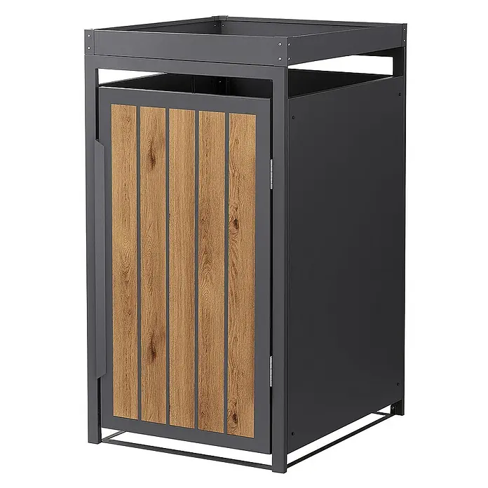 ML-Design Mülltonnenbox Mülltonnencontainer mit Pflanzdach für 1 Tonne 120 oder 240 Liter - Stahl, Eiche hell, Geeignet für Anzahl Mülltonnen: 1 Stk. - Mülltonnenbox mit einer Tür aus Holz und einem grauen Rahmen für den Außenbereich. Praktische und optisch ansprechende Mülltonnenverkleidung.