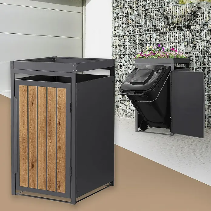 ML-Design Mülltonnenbox Mülltonnencontainer mit Pflanzdach für 1 Tonne 120 oder 240 Liter - Stahl, Eiche hell, Geeignet für Anzahl Mülltonnen: 1 Stk. - Mülltonnenboxen mit Tür und Pflanzkasten. Diese Boxen sind eine stilvolle Möglichkeit, Ihre Mülltonnen zu verstecken und gleichzeitig Ihren Garten zu verschönern.