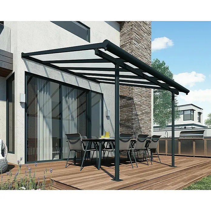 Palram – Canopia Terrassenüberdachung Sierra - B x T: 314 x 299 cm, Anthrazitgrau, Polycarbonat, Klar - Eine Terrassenüberdachung aus Metall mit transparentem Dach bietet Schutz und Komfort für Mahlzeiten im Freien.
