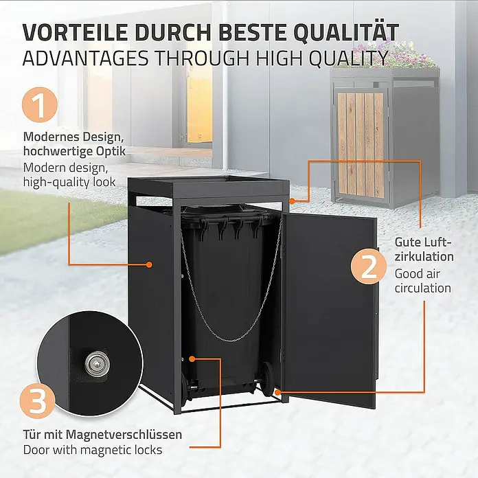 ML-Design Mülltonnenbox Mülltonnencontainer mit Pflanzdach für 1 Tonne 120 oder 240 Liter - Stahl, Eiche hell, Geeignet für Anzahl Mülltonnen: 1 Stk. - Das Bild zeigt eine Mülltonnenbox mit einer Tür, die magnetisch verschlossen ist und eine gute Luftzirkulation ermöglicht.