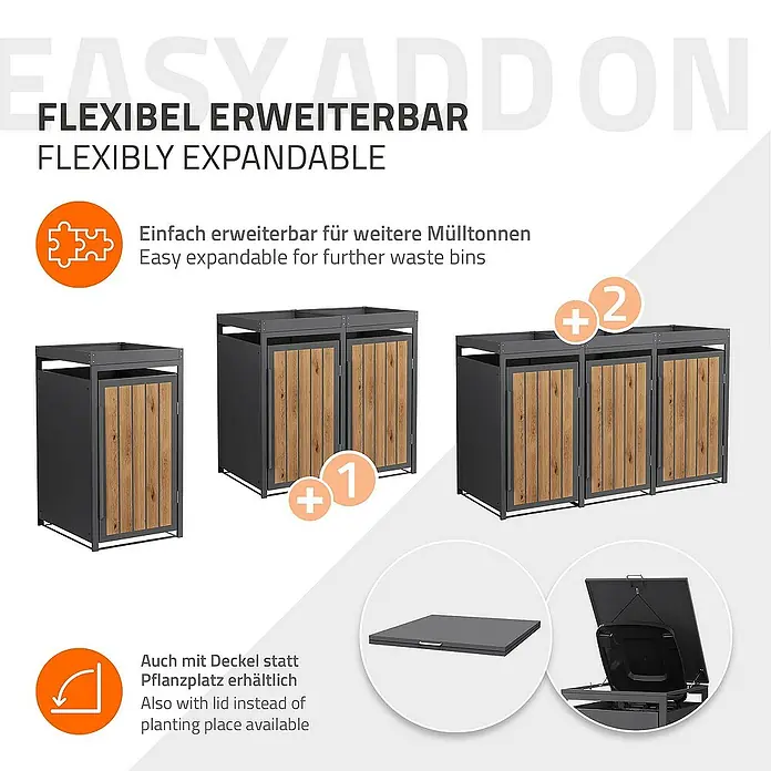 ML-Design Mülltonnenbox Mülltonnencontainer mit Pflanzdach für 1 Tonne 120 oder 240 Liter - Stahl, Eiche hell, Geeignet für Anzahl Mülltonnen: 1 Stk. - Bild eines flexibel erweiterbaren Mülltonnenständers mit Holzverkleidung, der eine stilvolle und praktische Lösung zur Mülltrennung bietet.