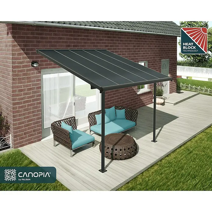Palram – Canopia Terrassenüberdachung Capri - B x T: 314 x 299 cm, Anthrazitgrau, Polycarbonat, Grau - Eine moderne Terrassenüberdachung mit stilvollen Gartenmöbeln, die einen schattigen und einladenden Außenbereich schafft.