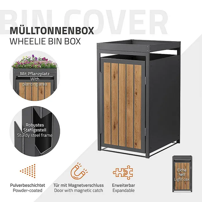 ML-Design Mülltonnenbox Mülltonnencontainer mit Pflanzdach für 1 Tonne 120 oder 240 Liter - Stahl, Eiche hell, Geeignet für Anzahl Mülltonnen: 1 Stk. - Bild einer grauen Mülltonnenbox mit hellen Eichenholzdetails, die ein sauberes und stilvolles Design für die Mülltonnenaufbewahrung bietet.